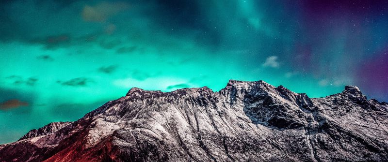 Nordic mountain range, Aurora Borealis, Starry sky, Glacier mountains, Snow covered, Landscape, Scenery, 5K