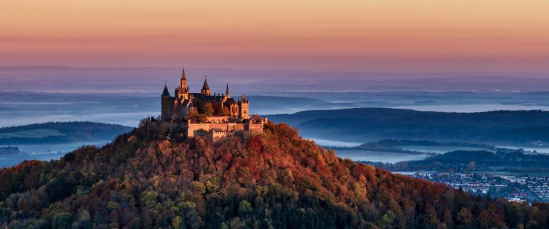 Hohenzollern Castle, Bisingen, Germany, Hill, Valley, Ancient architecture, Vantage Point, Hilltop, 5K