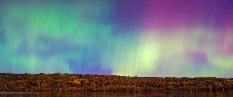 Aurora sky, Aesthetic, Forest Trees, Body of Water, Reflection, Northern Lights, Aurora Borealis, Beautiful, Landscape, 5K