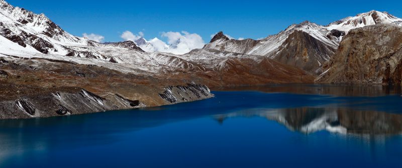 Snowy Mountains, Body of Water, Mountain range, Blue Sky, Lake, Reflection, Landscape, Scenery, 5K