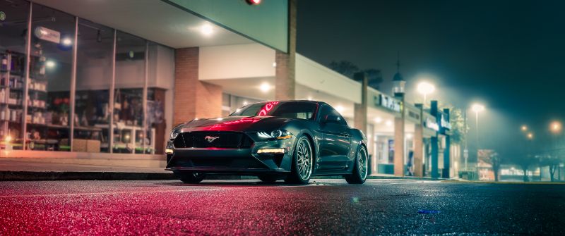 Ford Mustang, Night, City lights, Neon