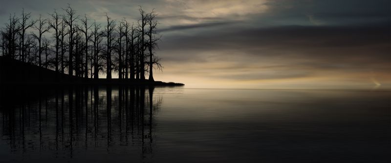 Sunset, Dry trees, Silhouette, Dusk, Lake