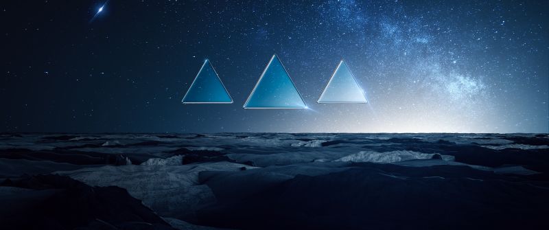 Winter, Cold, Starry sky, Triangles, Blue, Dark, Night, Fusion, Landscape