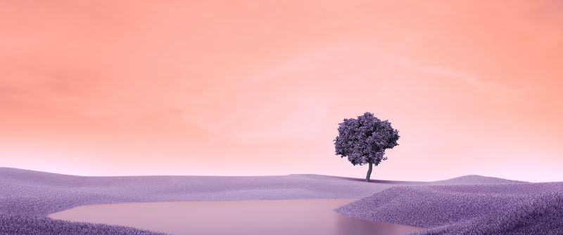 Lone tree, Surreal, Landscape, Spring, Lake, Digital composition, Purple aesthetic