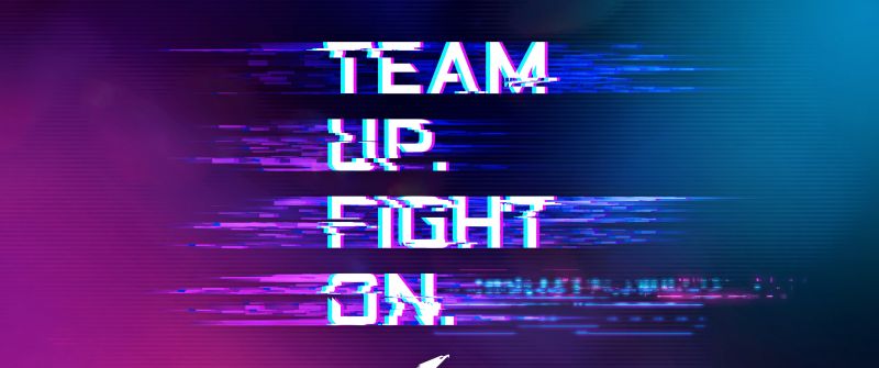 Team up Fight on, Glitch art, Gigabyte AORUS Gaming, Cyberpunk, Typography, Gradient background, Neon typography
