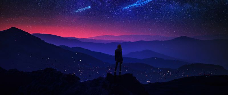 Surreal, Girl, Night, Starry sky, Night sky, Jellyfishes, Dream, Mountains, Aesthetic