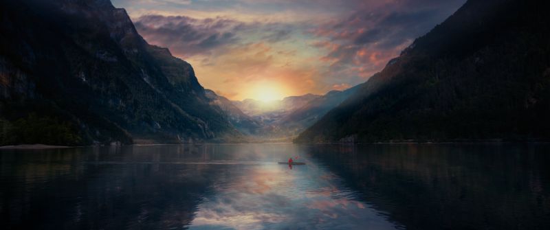 Sunrise, Alone, Mountains, Morning, Reflection, Lake, Switzerland, 5K