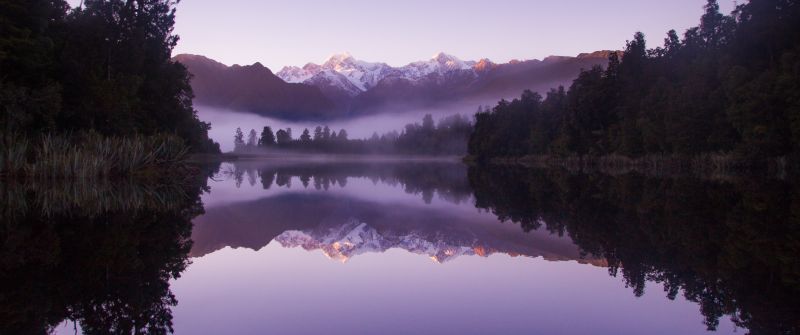 Lake Matheson, New Zealand, Mirror Lake, Reflection, Foggy, Snow covered, Mountain View, Sunrise, Early Morning, 5K
