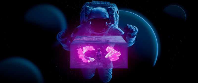 Astronaut, Water cube, Fish, Photo Manipulation, Dark background, Space suit, Fiction, 5K
