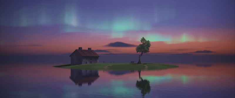 Island, Sunset, Twilight, Aurora Borealis, House, Lone tree, Evening sky, Reflections, Lake, Body of Water, 5K