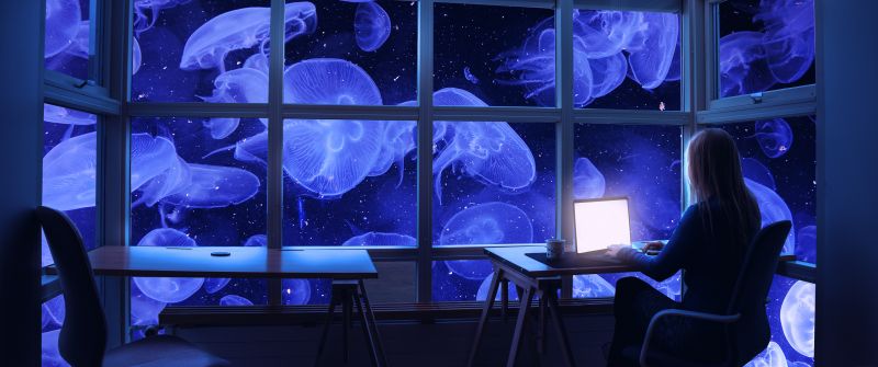 Jellyfishes, WFH, Aesthetic, Underwater, Woman, Working, Work from Home, Window, Laptop, Surreal, Desk, 3D background, Ocean