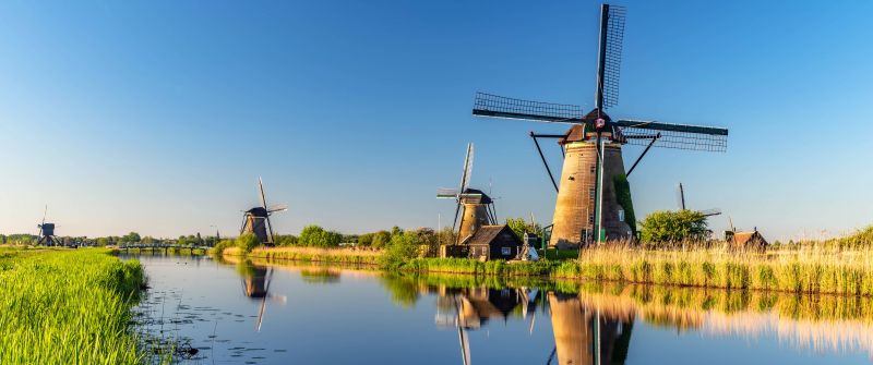 Windmills at Kinderdijk, South Holland, Netherlands, Countryside, River, Reflections, 5K, 8K