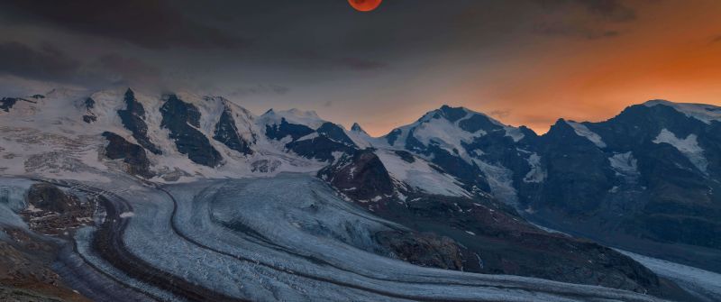Blood Moon, Alps mountains, Bernina Range, Piz Pal, Landscape, Sunset, Europe, 5K, 8K