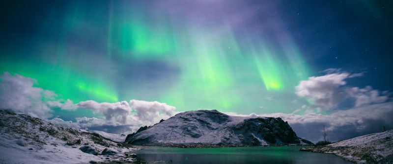 Aurora Borealis, Glacier mountains, Snow covered, Natural Phenomena, Night sky, 5K