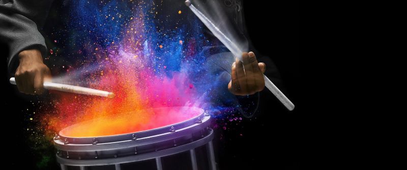 Drum beat, Colors splash, Drum sticks, Black background, Drum surface