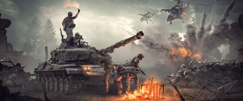 Army, Tanks, Attack helicopter, War, Soldiers, Fire, Enemy, Surreal