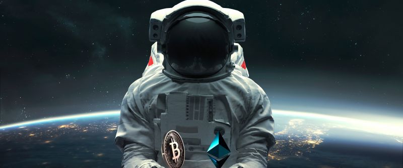 Astronaut, Bitcoin, Ethereum, Cryptocurrency, Planet Earth, Outer space, Space suit, 5K