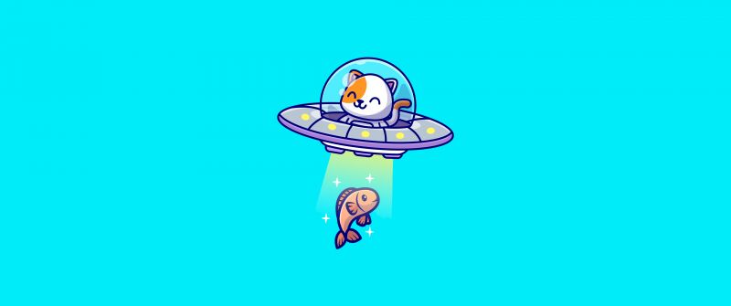 Cute Cat, Flying cat, UFO, Fish, Spaceship, Aqua blue, Aqua background, Minimalist, Simple