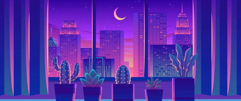 Room, Cityscape, Plants, Crescent Moon, Skyscrapers, Buildings, Neon, Pink, Purple