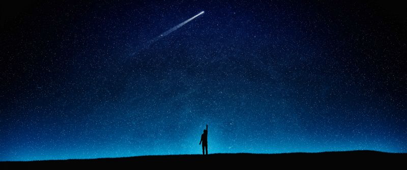 Night, Man, Alone, Starry sky, Night sky, Comet, Silhouette