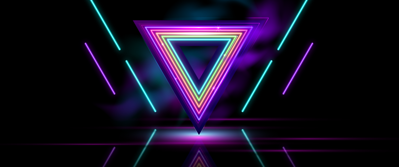 Triangles, Neon colors, Neon glow, Dark background, Retrowave, Neon Lights, Reflections, 5K, 8K, Dark aesthetic