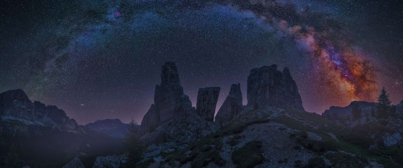Dolomites, Mountains, Milky Way, Night, Starry sky, Dolomite mountains, Rocks, Italy, 5K, 8K