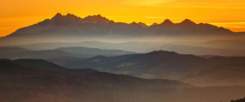 Tatra Mountains, Mountain range, Sunset, Orange sky, Europe