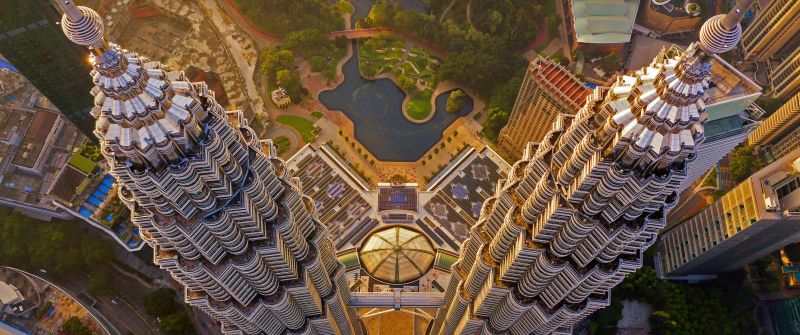 Petronas Towers, Skyscrapers, Kuala Lumpur, Malaysia, Aerial view