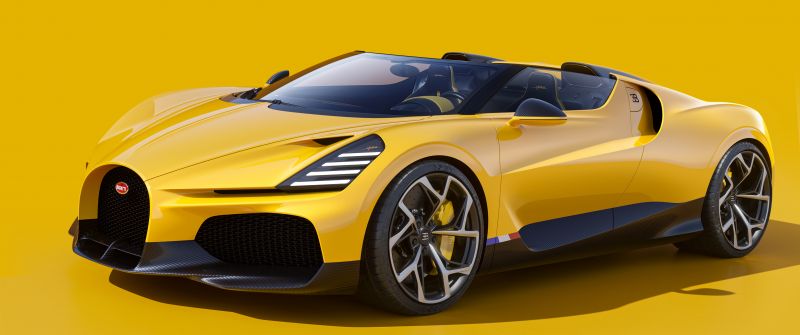 Bugatti W16 Mistral, Yellow, Roadster, Hypercars, 2024, Yellow background, 5K