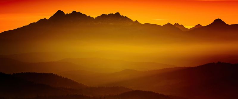 Tatra Mountains, 8K, Mountain range, Sunset, Orange sky, Europe, 5K