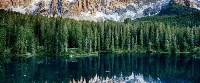Karersee Lake, Dolomite mountains, Alps mountains, Landscape, Italy, Reflection, 5K