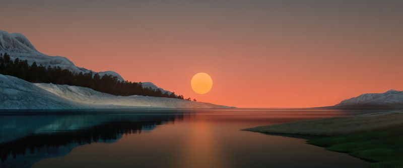 Sunset, Windows 11, Dusk, Lake, Reflection, Landscape