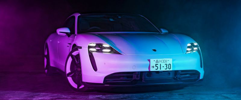 Porsche Taycan Turbo S, Neon light, 5K