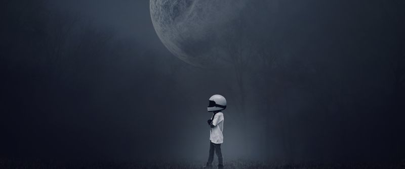 Moon, Alone, Boy, Dream, Helmet, Foggy