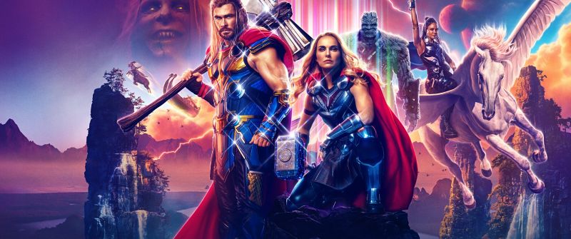 Thor: Love and Thunder, Movie poster, Chris Hemsworth as Thor, Natalie Portman as Jane Foster, Gorr the God Butcher, Korg, Tessa Thompson as Valkyrie, 2022 Movies, Marvel Comics