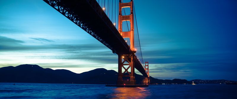 Golden Gate Bridge, Suspension bridge, San Francisco, California, Evening, Sunset, Blue Sky, 5K, 8K
