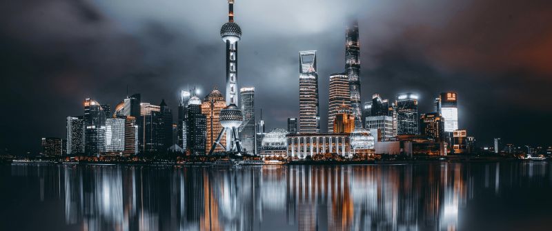 Shanghai City, Cityscape, Reflections, Night City, City lights, Aerial view, Skyscrapers, Dark Sky, 5K, 8K