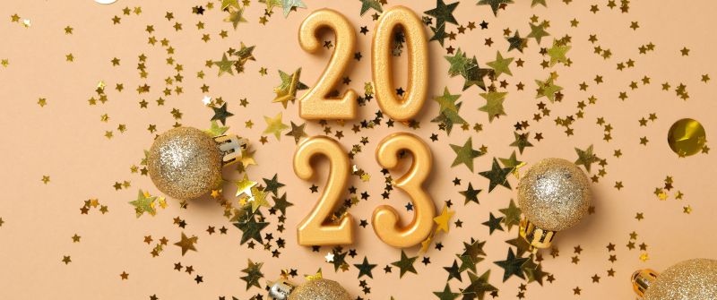 2023 New year, Happy New Year, Christmas decoration, Christmas background, Peach background, Glitter letters, Stars, 5K