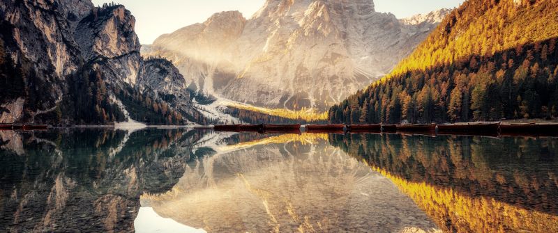 Pragser Wildsee, Scenic, Lake, Dolomite mountains, Italy, Scenery, Reflections, 5K, 8K
