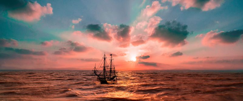 Sunset, Ocean, Boat, Seascape, Dusk, Sailing boat, Voyage, 5K, 8K