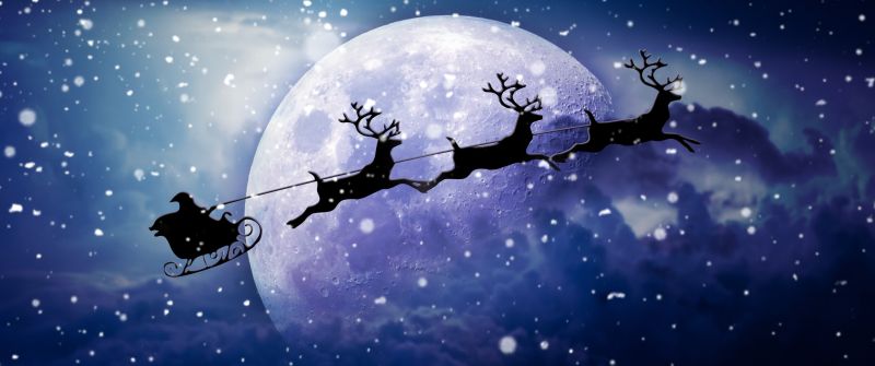 Santa Claus chariot, Moon, Snowfall, Winter, Reindeer Chariot, Navidad, Noel