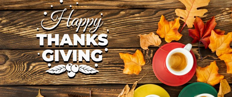 Happy Thanksgiving, Wooden Floor, Thanksgiving Day, Autumn leaves, Wooden background, Coffee cups