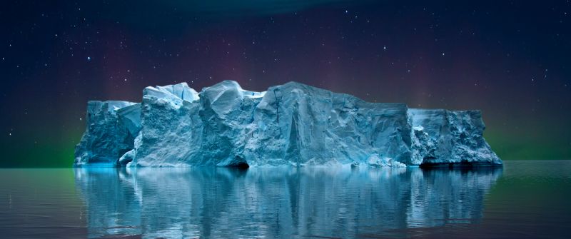 Iceberg, Seascape, Night, Aurora sky, Clouds, 5K, 8K