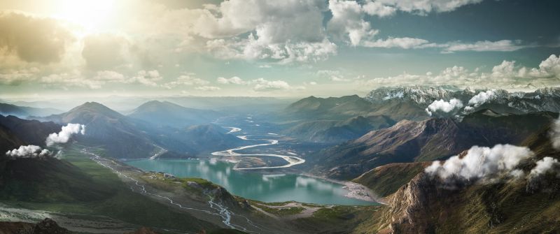 Summer, Landscape, Mountain range, Lake, Sunny day, Sunlight, Clouds