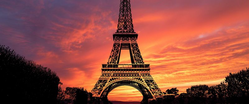 Eiffel Tower, Sunset, Evening sky, Paris, Silhouette, Twilight, Orange sky, France