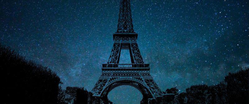 Eiffel Tower, Night, Paris, Silhouette, Starry sky, Blue Sky, 5K, France