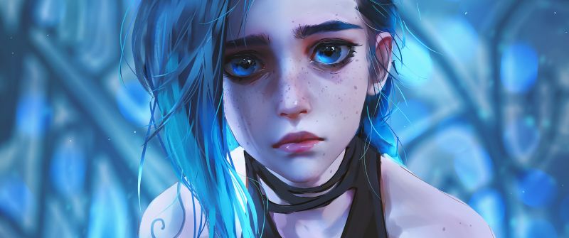 Jinx, Sad, 5K, Arcane: League of Legends, Blue background, Sad face