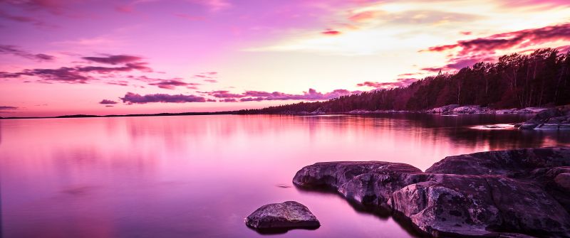 Sunset, Lake, Purple, Pink sky, Scenery, Body of Water, Rocks, 5K, 8K