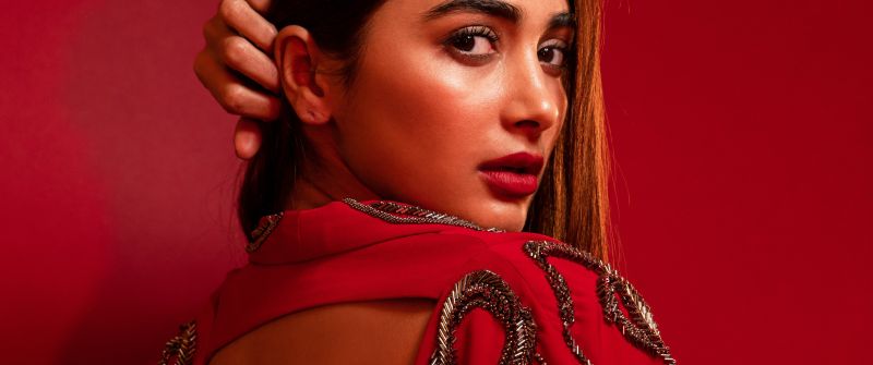 Pooja Hegde, Red dress, Indian actress, Red background, 5K