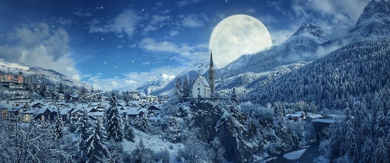 Winter, Moon, Frozen, Forest, Village, Snowfall, 5K